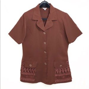 <NWOT>Wita Brown Short Sleeve Button Up Blouse